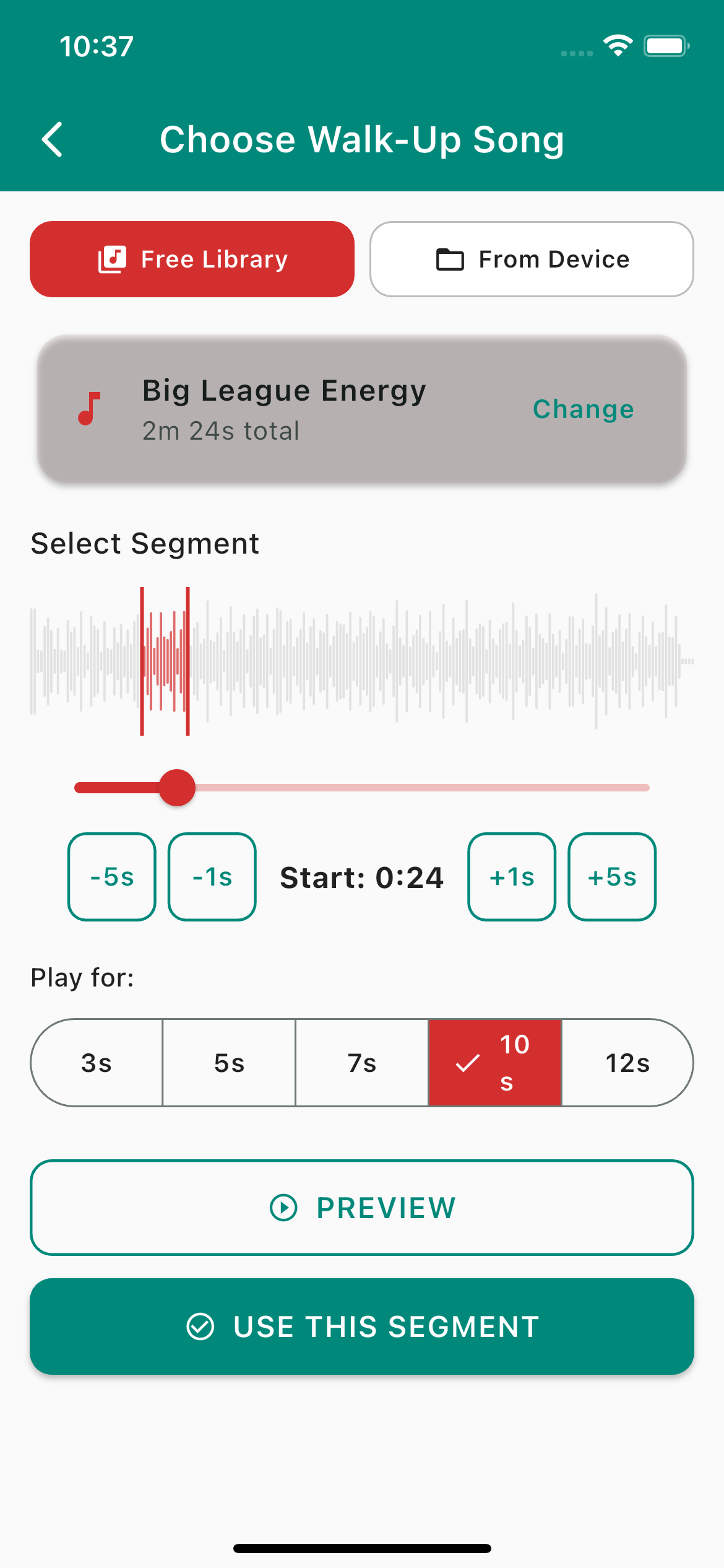 Softball walk-up song trimming waveform screen